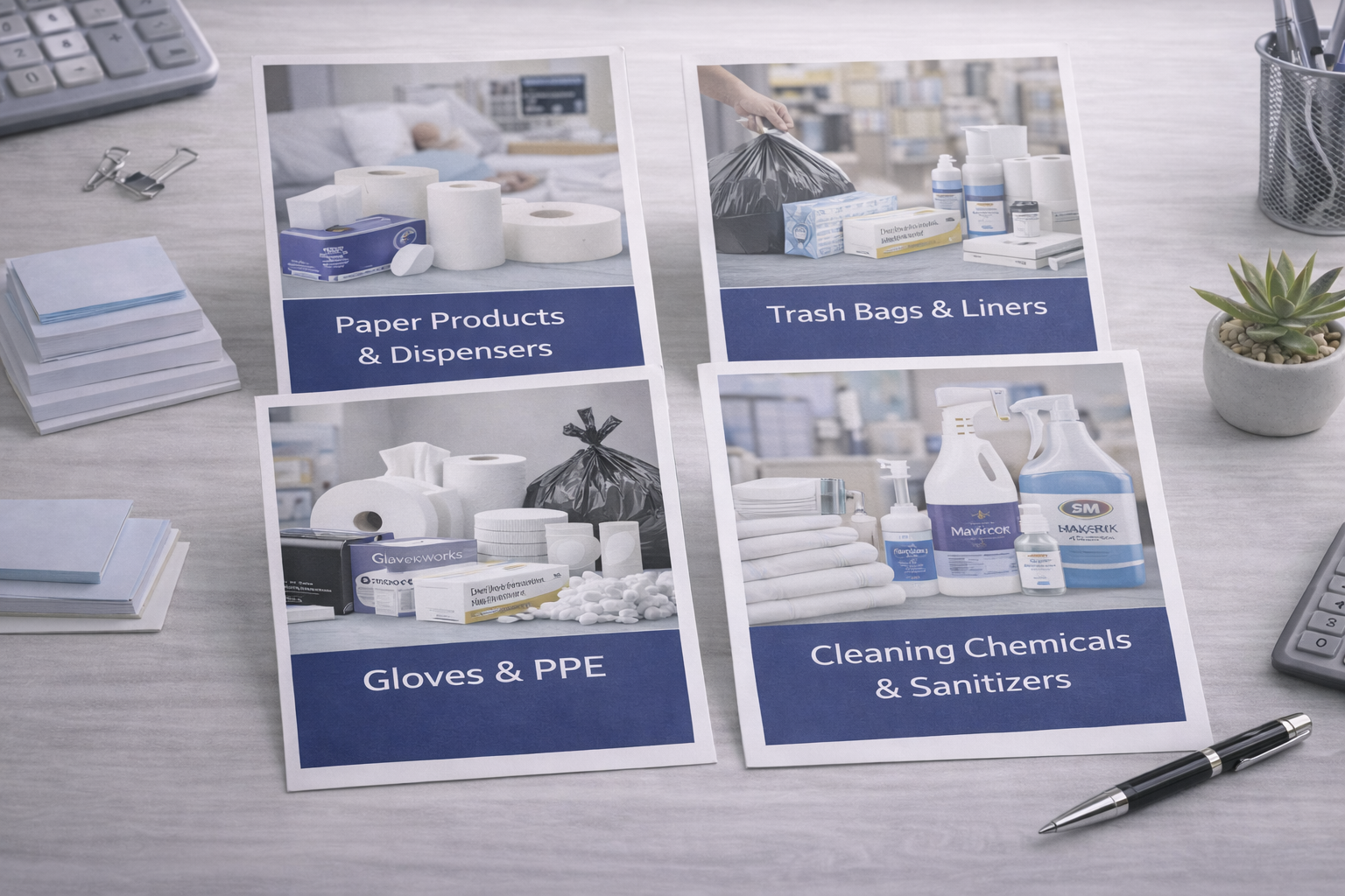 Flyers for USA Hospitality core products including paper, trash bags, gloves and cleaning chemicals